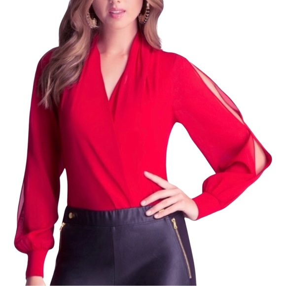Bebe Cutout Sleeve Silk Wrap Bodysuit Cherry Red XS - Picture 1 of 7